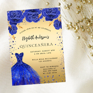 Quinceanera koninklijk blauw gouden jurk bloemen l kaart
