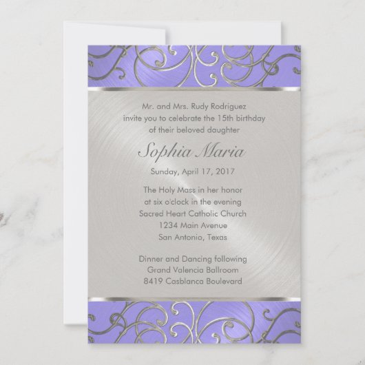 Quinceanera Lavender Paarse Silver Filigree Swirls Kaart (Voorkant)