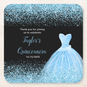Quinceanera Lichtblauw Faux Glitter Vierkante Kartonnen Onderzetter