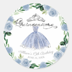 Quinceanera lichtblauwe zilveren jurk bloem ronde sticker