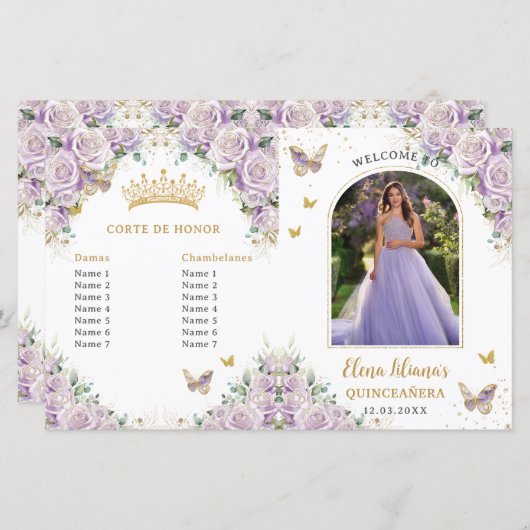 Quinceañera Lila Bloemenvlinders Fotoprogramma (Voorkant / Achterkant)