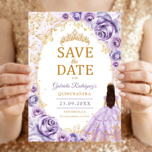 Quinceanera Lila Paars Goud Bloem Save The Date