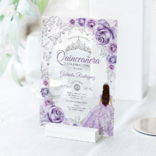 Quinceanera Lila Paars Zilver Bloem Acryl Uitnodigingen