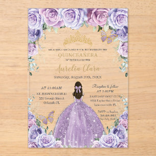 Quinceañera Lila Paarse Bloemen Gouden Vlinders Acryl Uitnodigingen