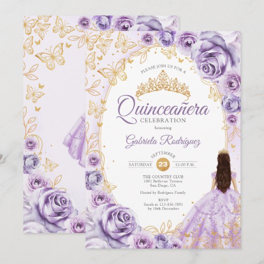 Quinceanera Lila Paarse Gouden Bloemen Kaart (Voorkant / Achterkant)