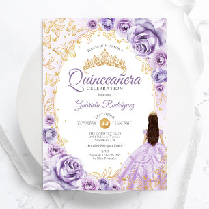 Quinceanera Lila Paarse Gouden Bloemen Kaart