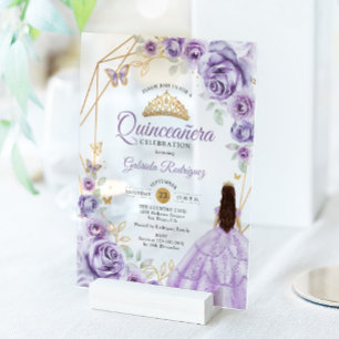 Quinceanera lila paarse jurk bloem goud acryl uitnodigingen