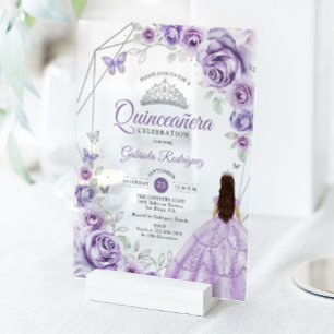 Quinceanera lila paarse jurk bloem zilver acryl uitnodigingen