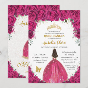 Quinceañera Magenta Hot Pink Floral Princess Gold Kaart