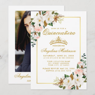 Quinceanera Magnolias Rozen Floral Gold Foto Kaart