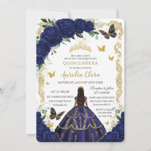 Quinceañera Marine Blauw Bloemen Goud Prinses Kaart