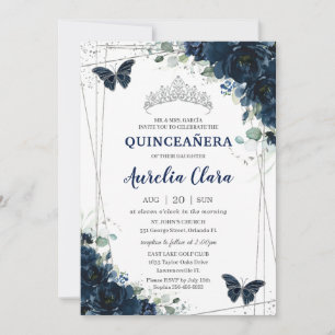 Quinceañera Marine Blauw Bloemen Vlinders Zilver Kaart
