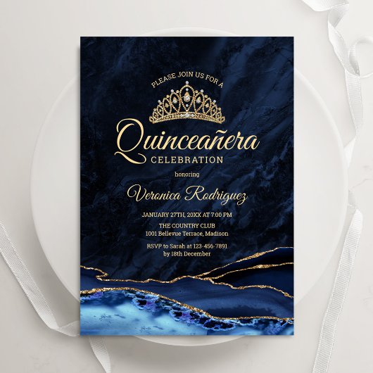 Quinceanera Marine Blauw Goud Agaat Marmer Kaart