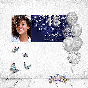 Quinceanera marine blauwe zilveren sterren foto pa spandoek