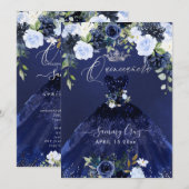 Quinceanera Marine Bleu Aquarelle Robe Invitation (Devant / Derrière)