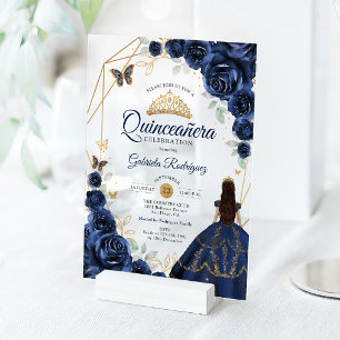 Quinceanera marineblauwe bloemjurk goud acryl uitnodigingen
