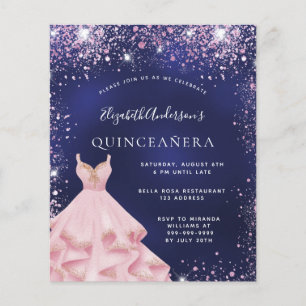 Quinceanera marineblauwe roze jurk budget uitnodig flyer