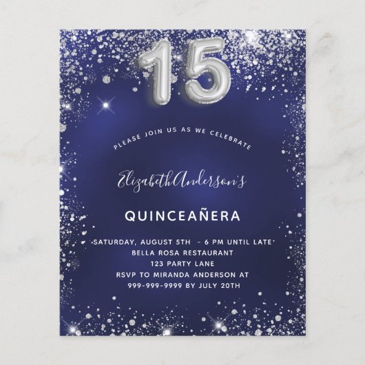 Quinceanera marineblauwe zilveren budget uitnodigi flyer (Voorkant)
