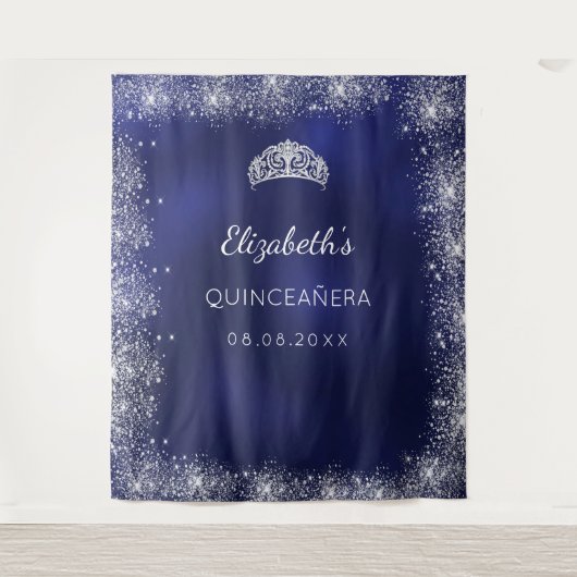 Quinceanera marineblauwe zilveren glitterslijpsel wandkleed (Voorkant)