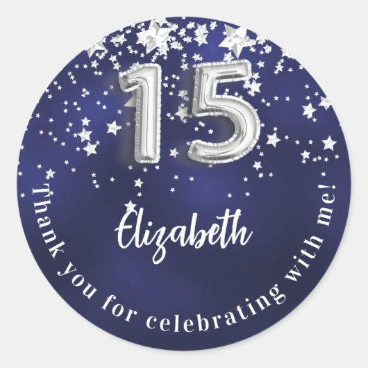 Quinceanera marineblauwe zilveren sterren ronde sticker (Voorkant)