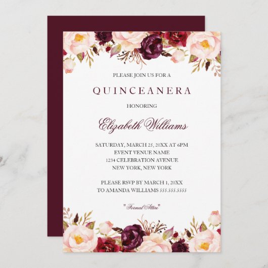 Quinceanera Marsala Floral Red Burgundy 15th Kaart (Voorkant / Achterkant)
