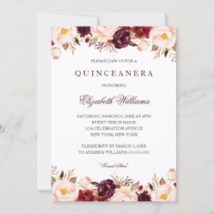 Quinceanera Marsala Floral Red Burgundy 15th Kaart