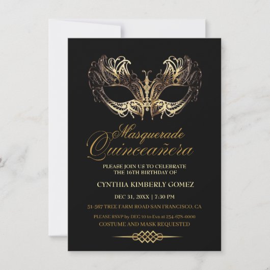 Quinceañera Masquerade Goud Zwart 16e Verjaardag Kaart (Voorkant)