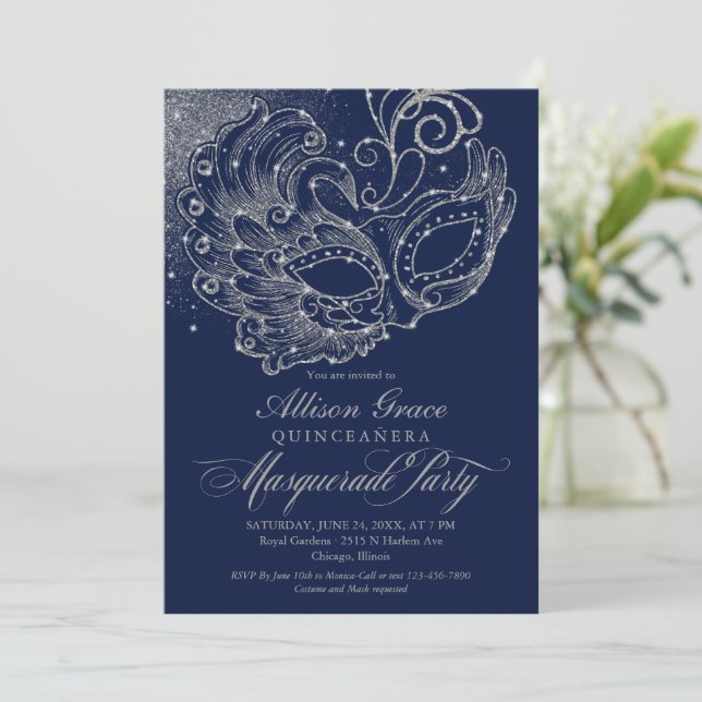 Quinceanera Masquerade Invitation Navy Blue Silver (Staand voorkant)