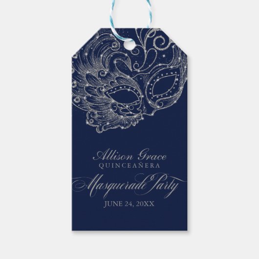 Quinceanera Masquerade Party Zilver Blauw Cadeaulabel (Voorkant)
