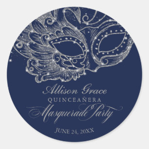 Quinceanera Masquerade Party Zilver Blauw Ronde Sticker
