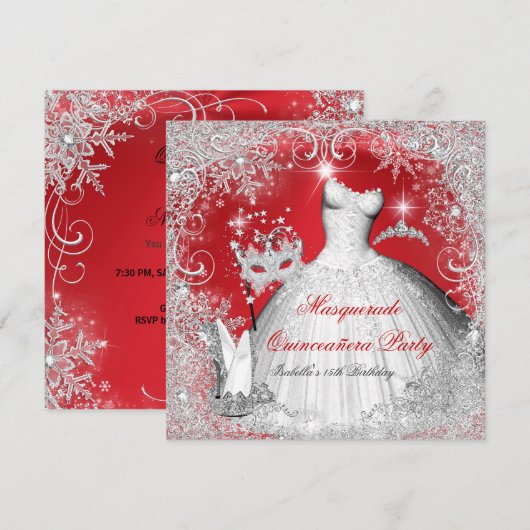 Quinceanera Masquerade Red White Snowflakes Kaart (Voorkant / Achterkant)