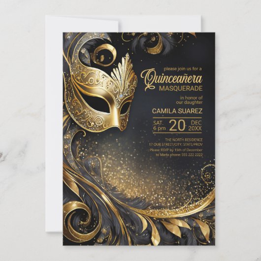 Quinceanera Masquerade Zwart Goud ID1031 Kaart (Voorkant)