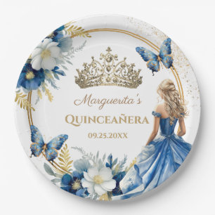 Quinceañera Meisje Blauw Bloemen Goud Tiara Vlinde Papieren Bordje
