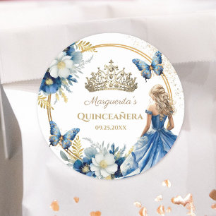 Quinceañera Meisje Blauw Bloemen Goud Tiara Vlinde Ronde Sticker