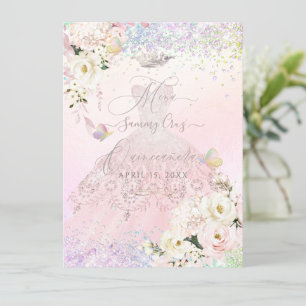 Quinceanera Menu Holographic Mariposa Blush Pink Kaart