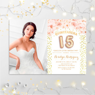 Quinceanera met foto Gold Pink Floral Kaart