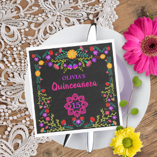 Quinceanera Mexicaanse Fiesta Bloemen Zwart Verjaa Servet