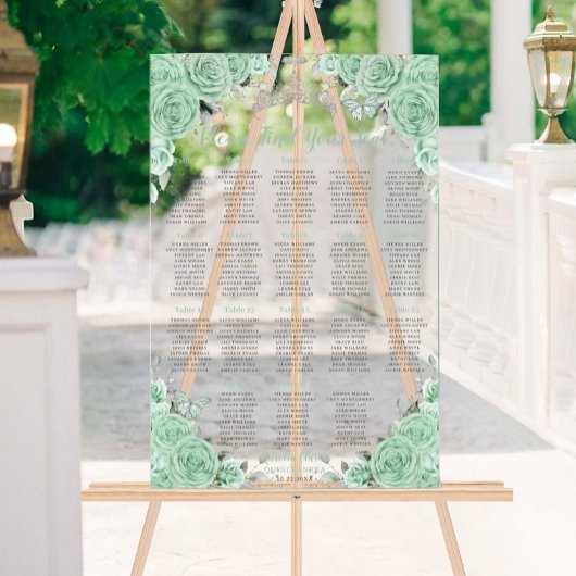 Quinceañera Mint Groen Bloemen Zilver Zitje Acryl Bord