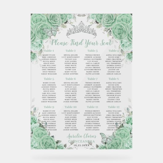 Quinceañera Mint Groen Bloemen Zilver Zitje Acryl Bord (Voorkant)