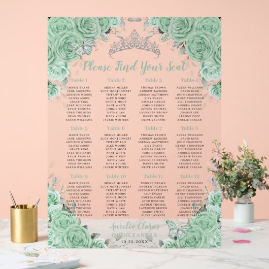 Quinceañera Mint Groen Bloemen Zilver Zitje Acryl Bord (Huwelijk)