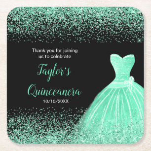 Quinceanera Mint Groene Faux Glitter Vierkante Kartonnen Onderzetter