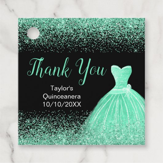 Quinceanera Mint Groene Jurk Faux Glitter Bedankjes Labels (Voorkant)