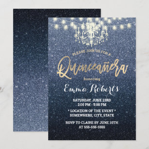 Quinceanera Modern Navy Blue Glitter Chandelier Kaart