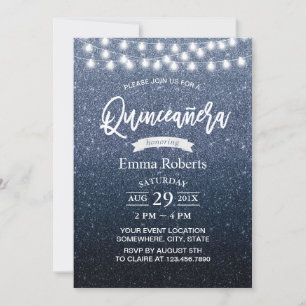 Quinceanera Modern Navy Blue Glitter String Lights Kaart