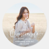 Quinceañera Modern Trendy Script & Foto Dank u Ronde Sticker (Voorkant)