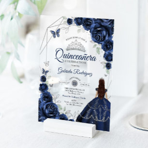Quinceanera Navy Blau Zilveren Bloem Jurk Acryl Uitnodigingen