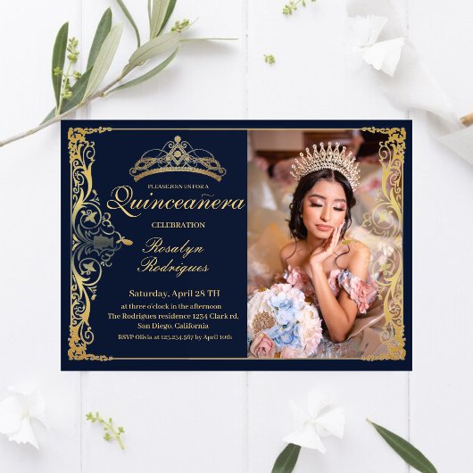 Quinceanera Navy Blauw Goud Quinceanera met foto Kaart