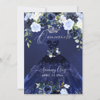 Quinceanera Navy Blauwe Aquarel Jurk Uitnodiging