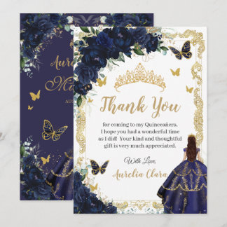 Quinceañera Navy Blauwe Bloem Goud Prinses 15 16 Bedankkaart