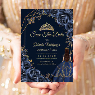 Quinceanera Navy Blauwe Gouden Vlinder Jurk Bloem Save The Date
